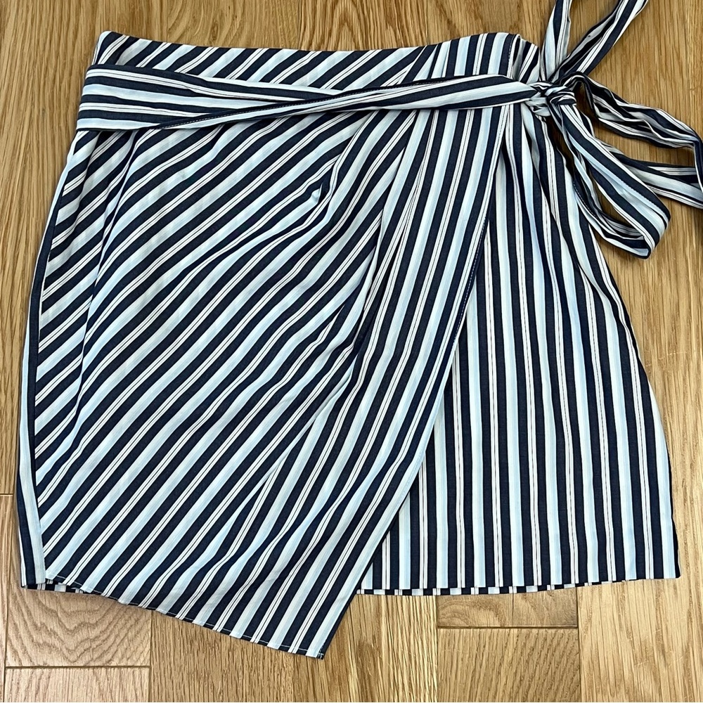 TJD Striped Preppy Belted Asymmetrical Wrap Cotton Skirt - Large